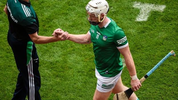 Limerick manager John Kiely with Cian Lynch of Limerick during the GAA Hurling All-Ireland Senior Championship semi-final match between Limerick and Waterford at Croke Park in Dublin. 