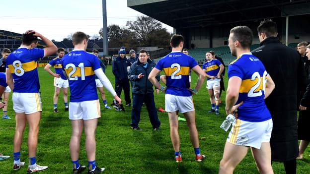 Tipperary manager David Power talks to his players after the 2020 Munster GAA Football Senior Championship Semi-Final match between Limerick and Tipperary at LIT Gaelic Grounds in Limerick. 