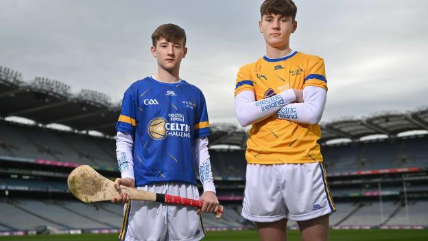 Wicklow Blue hurler Finian Hughes, left, and Wicklow Gold hurler Feilim Lynch Ward at the 2023 Electric Ireland Celtic Challenge launch at Croke Park in Dublin. Photo by David Fitzgerald/Sportsfile.