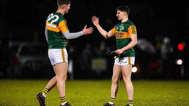 Sean Quillter, left, and Patrick Darcy of Kerry celebrate after the Munster GAA Football U20 Championship Semi-Final match between Limerick and Kerry at Mick Neville Park in Rathkeale, Limerick. 