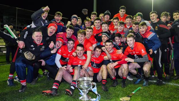UCC players celebrate after the Fitzgibbon Cup Final match between UCC and IT Carlow at Dublin City University Sportsgrounds in Glasnevin, Dublin.
