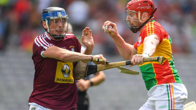 Edward Byrne of Carlow in action against Eoin Price of Westmeath during the 2018 Joe McDonagh Cup Final match between Westmeath and Carlow at Croke Park in Dublin. 