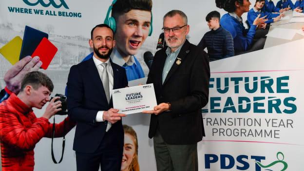 Uachtarán Chumann Lúthchleas Gael Larry McCarthy, right, presents a plaque to Colm Madden of Gort Community School during a GAA PDST Future Leaders promotion event at Croke Park in Dublin. Photo by Sam Barnes Sportsfile.