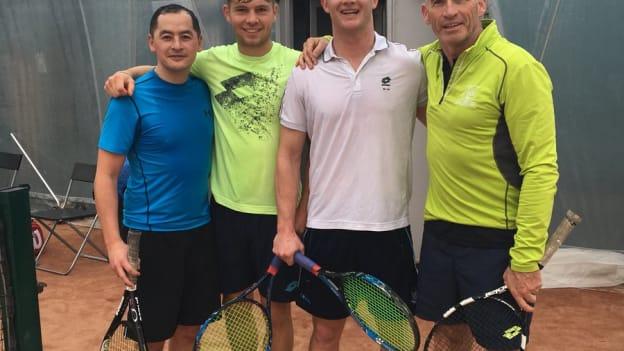 (l to r) Jason Sherlock, Simon Carr, Ciarán Kilkenny, and Tommy Carr pose for a picture after a game of doubles tennis. Ireland number one tennis player, Peter Carr, is a second cousin of Kilkenny's. 