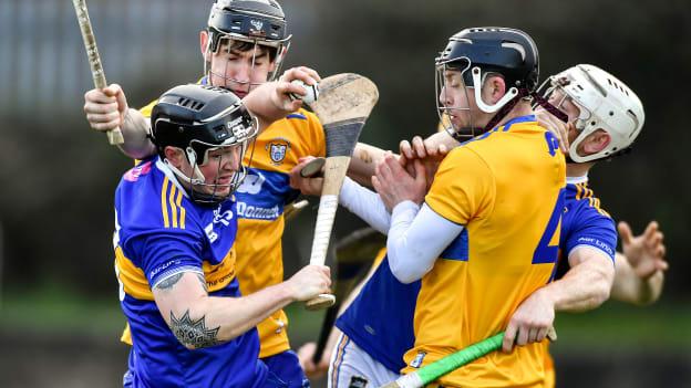 Willie Connors of Tipperary, supported by team-mate Paul Flynn, right, in action against Kevin Hehir, left, and Eoin Quirke of Clare during the Co-op Superstores Munster Hurling League 2020 Group A match between Tipperary and Clare at McDonagh Park in Nenagh, Tipperary. 
