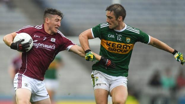 Galway's Johnny Heaney and Kerry's Stephen O'Brien during a 2018 All Ireland Quarter-Final Group Phase encounter at Croke Park.