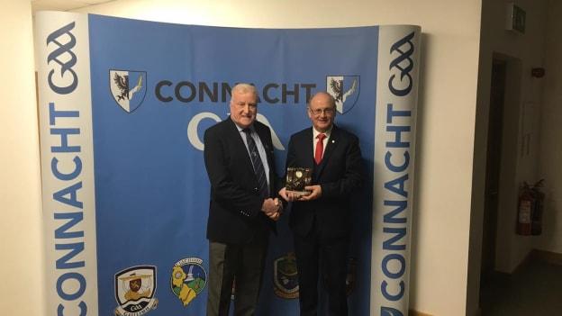 Breaffy Club Chairman, Gerry Bourke, right, receiving his award in 2019 from Gerry McGovern President of Connacht Council in recognition of his 5 years service. 