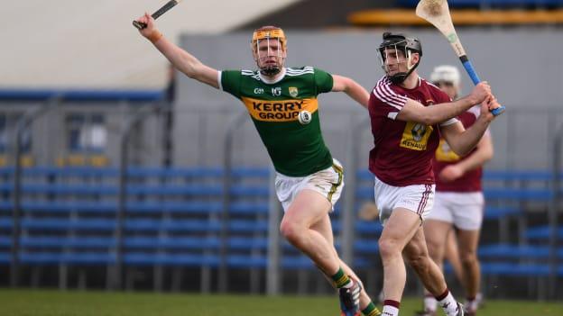 Aonghus Clarke of Westmeath in action against Michael O'Leary of Kerry during the 2019 Allianz Hurling League Division 2A Final match between Westmeath and Kerry at Cusack Park in Ennis, Clare. 