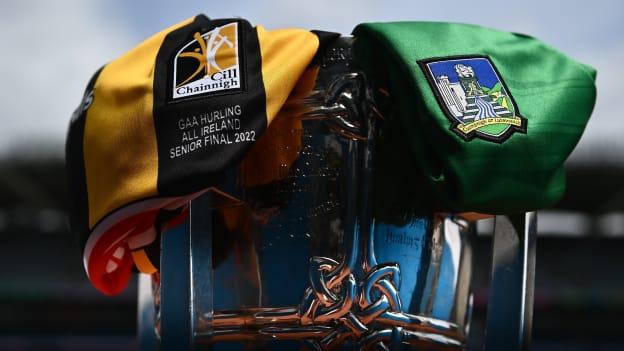 The Liam MacCarthy Cup with a Limerick and Kilkenny jersey and ahead of the GAA Hurling All-Ireland Senior Championship Final.