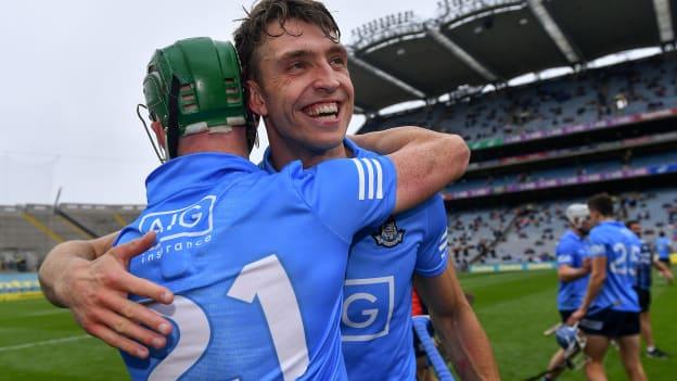 Dublin players Chris Crummey, behind, and Fergal Whitely celebrate after their side's victory in the Leinster GAA Hurling Senior Championship Semi-Final match between Dublin and Galway at Croke Park in Dublin. 