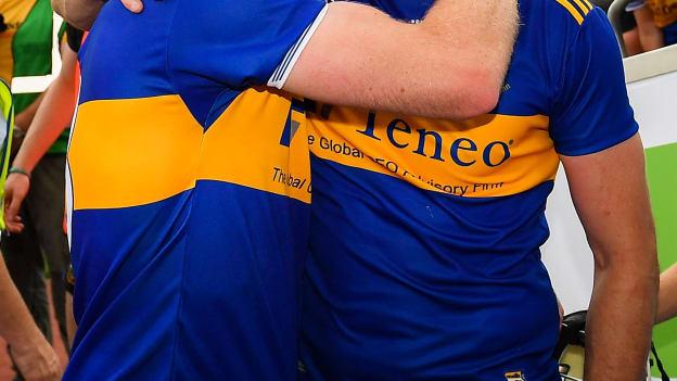 Noel McGrath, left, and Séamus Callanan of Tipperary celebrate after victory over Wexford in the 2019 All-Ireland SHC semi-final. 