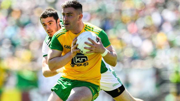 Patrick McBrearty of Donegal in action against Michael Jones of Fermanagh during the 2018 Ulster SFC Final. 