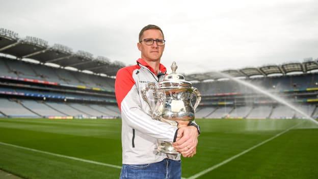 Sligo manager, Tony McEntee, pictured with the Tailteann Cup at Croke Park. 