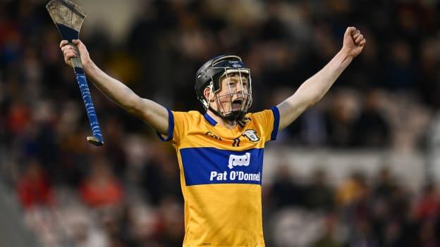 Michael Collins of Clare celebrates after his side's victory in the 2023 Electric Ireland Munster GAA Hurling Minor Championship Final match between Cork and Clare at FBD Semple Stadium in Thurles, Tipperary. Photo by Harry Murphy/Sportsfile.