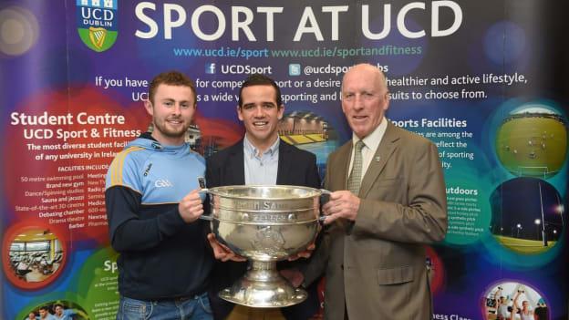 Brian Mullins with Ger Brennan and Jack McCaffrey at a UCD GAA Scholarship Awards evening in UCD, Dublin. Mullins was UCD's Director of Sport.