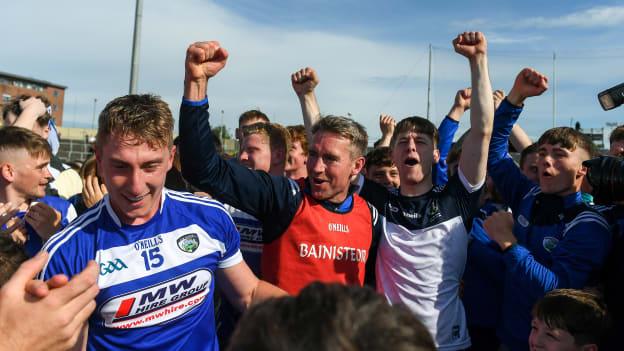Laois forward Ross King and manager Eddie Brennan celebrate last weekend's All Ireland SHC Preliminary Quarter-Final win over Dublin at O'Moore Park.
