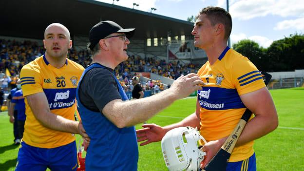 Clare manager Brian Lohan and Conor Cleary celebrate at Semple Stadium.