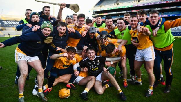 Antrim players celebrate following the 2020 Joe McDonagh Cup Final match between Kerry and Antrim at Croke Park in Dublin. 