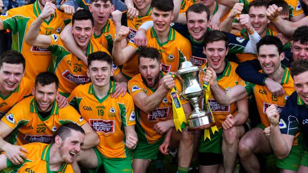 Corofin players celebrate with The Andy Merrigan Cup after the 2019 AIB GAA Football All-Ireland Senior Club Championship Final match between Corofin and Dr Crokes' at Croke Park in Dublin.