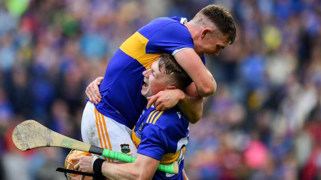 Ronan Maher, left, and Jake Morris of Tipperary celebrate after the final whistle of the 2019 GAA Hurling All-Ireland Senior Championship Final match between Kilkenny and Tipperary at Croke Park in Dublin.