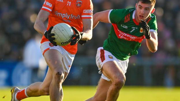 Rory Grugan, Armagh, and Enda Hession, Mayo, in Allianz Football League action at Box-It Athletic Grounds in Armagh. Photo by Brendan Moran/Sportsfile