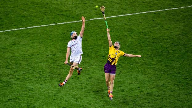 Conor Cooney of Galway in action against Diarmuid O’Keeffe of Wexford during the 2020 Leinster GAA Hurling Senior Championship Semi-Final match between Galway and Wexford at Croke Park in Dublin. 