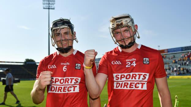 Cork players Mark Coleman, left, and Shane Barrett after the GAA Hurling All-Ireland Senior Championship Round 2 match between Clare and Cork at LIT Gaelic Grounds in Limerick.