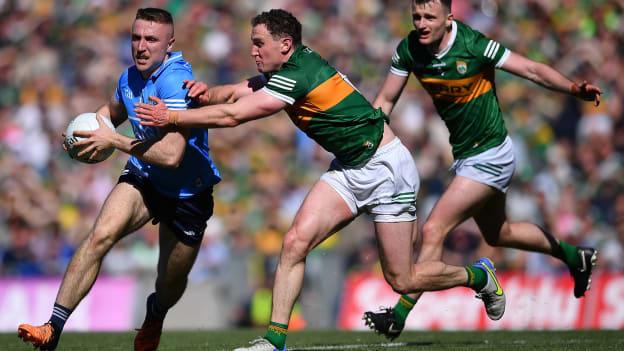 Tadhg Morley tackles Paddy Small in the All-Ireland SFC semi-final between Kerry and Dublin. 