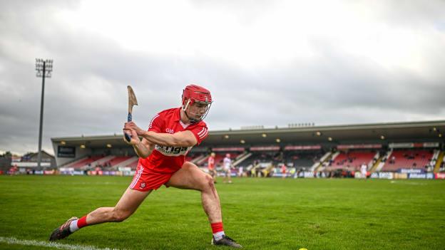 John Mullan of Derry takes a sideline cut during the Christy Ring Cup Round One match between Tyrone and Derry at O'Neill's Healy Park in Omagh, Tyrone. Photo by Ramsey Cardy/Sportsfile.