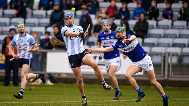Paul Crummey of Dublin in action against Sean Downey of Laois during the Allianz Hurling League Division 1 Group B match between Laois and Dublin at MW Hire O'Moore Park in Portlaoise, Laois.