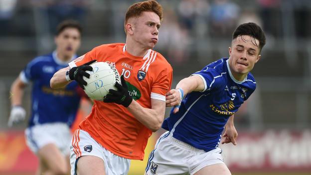 Ross McQuillan of Armagh in action against Darragh Kennedy of Cavan during the 2016 Electric Ireland Ulster GAA Football Minor Championship quarter-final.