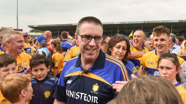 Clare joint manager Gerry O'Connor surrounded by supporters following the Munster SHC win over Tipperary at Semple Stadium.