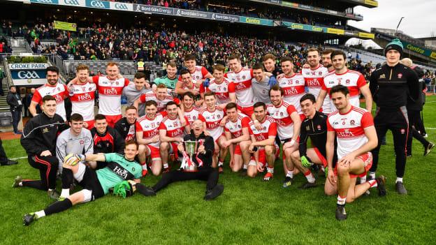 The Derry players celebrate after victory over Leitrim in the Allianz Football League Division 4 Final. 
