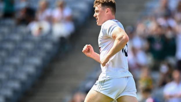 Jimmy Hyland of Kildare celebrates after scoring his side's first goal during the Leinster GAA Senior Football Championship Semi-Final match between Kildare and Westmeath at Croke Park in Dublin. 