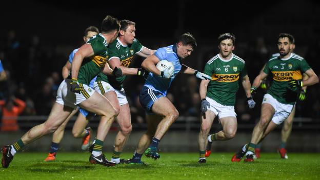 Dublin's Brian Howard is chased by a posse of Kerry defenders in Saturday's thrilling Allianz Football League Division 1 clash at Austin Stack Park, Tralee. 