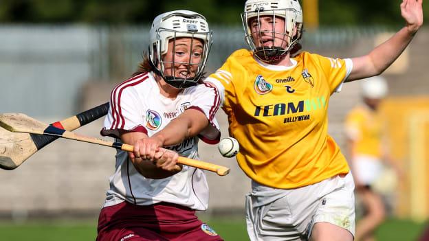 Antrim's Lucia McNaughton Antrim attempts to block Galway's Lisa Casserly in the 2021 All-Ireland Intermediate Camogie semi-final. Galway intermedaite semi-final 2021
