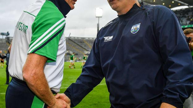 Limerick manager John Kiely, left, and Waterford manager Liam Cahill shake hands after their GAA Hurling All-Ireland Senior Championship semi-final match at Croke Park in Dublin.