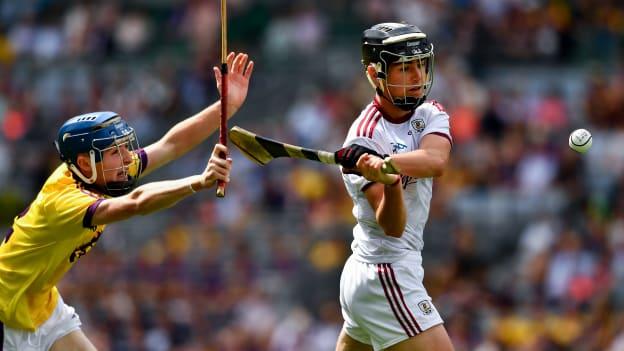 Alex Connaire of Galway in action against Dylan Whelan of Wexford during the Electric Ireland GAA Hurling All-Ireland Minor Championship Semi-Final match between Wexford and Galway at Croke Park in Dublin. 