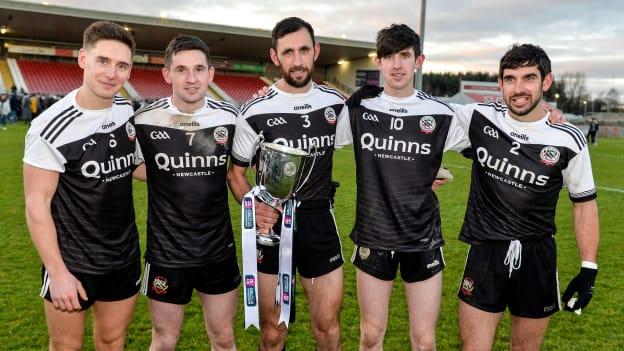 Aidan Branagan, pictured with his brothers Aaron, Darryl, Eugene and Niall with the Seamus McFerran Cup after the AIB Ulster GAA Football Senior Club Championship Final between Kilcoo and Naomh Conaill at Healy Park last month.