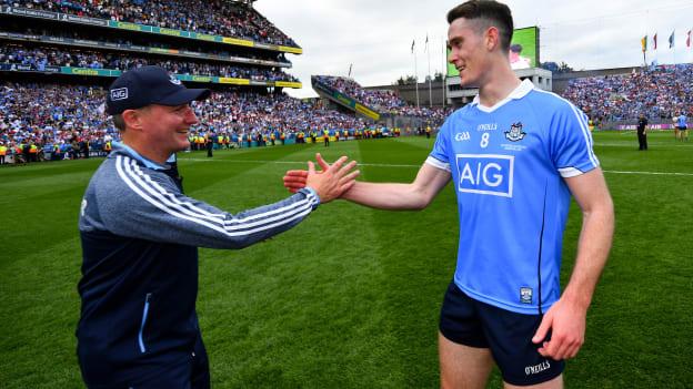 Brian Fenton is congratulated by Dublin manager Jim Gavin after the All-Ireland SFC Final win over Tyrone. 
