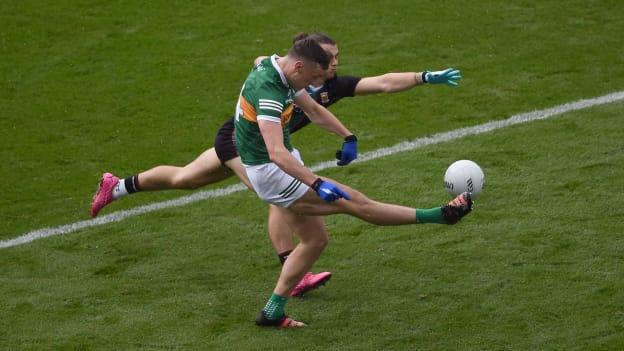 David Clifford of Kerry in action against Oisín Mullin of Mayo during the GAA Football All-Ireland Senior Championship Quarter-Final match between Kerry and Mayo at Croke Park, Dublin. 