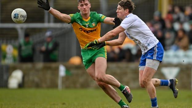 Darren Hughes, Monaghan, and Jason McGee, Donegal, in Allianz Football League action.
