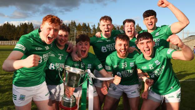 Fermanagh players celebrate with the cup after the Allianz Hurling League Division 3B Final match between Fermanagh and Longford at Avant Money Páirc Seán Mac Diarmada. 