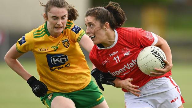 Ciara O'Sullivan, Cork, and Róisín Rodgers, Donegal, in action at Tuam Stadium.