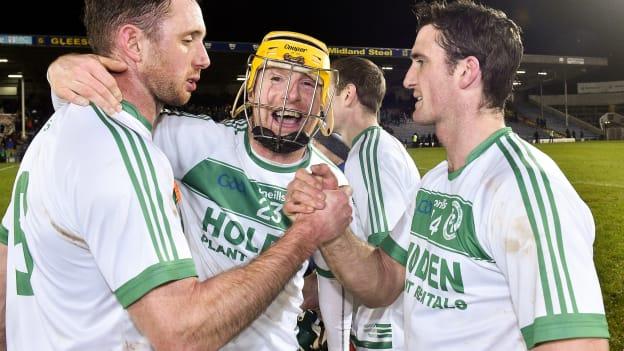 Ballyhale Shamrocks players, from left, Michael Fennelly, Mark Aylward and Colin Fennelly celebrate after the AIB GAA Hurling All-Ireland Senior Championship semi-final match between Ballyhale Shamrocks and Ballygunner at Semple Stadium in Thurles, Tipperary. 