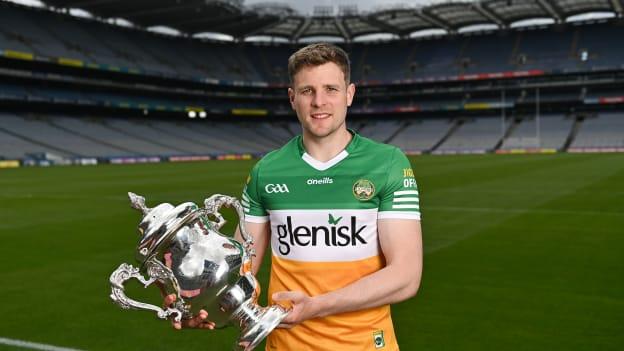 Offaly captain Johnny Moloney pictured with the Tailteann Cup at Croke Park.