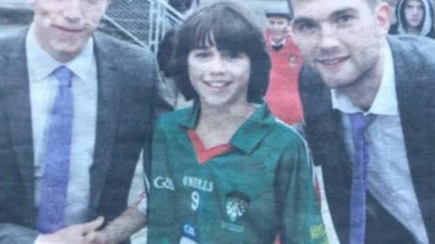 2020 Young Footballer of the Year, Oisin Mullin, pictured with his future Mayo team-mates Donal Vaughan and Aidan O'Shea after playing a Cumann na mBunscol match at half-time in Castlebar. 