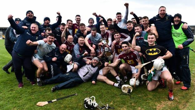 Westmeath players and management team celebrate following Sunday's Allianz Hurling League Division 2A triumph against Kerry at Cusack Park.