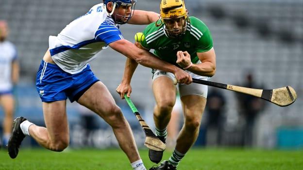 Tom Morrissey, Limerick, and Conor Prunty, Waterford, collide at Croke Park.