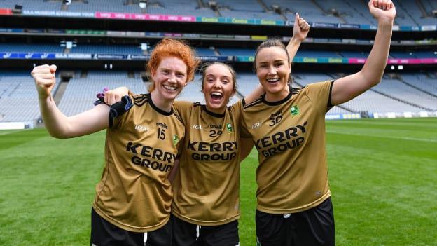 Kerry players, from left, Louise Ní Mhuircheartaigh, Anna Clifford, and Louise Galvin celebrate after their side's victory in the TG4 All-Ireland Ladies Football Senior Championship Semi-Final match between Kerry and Mayo at Croke Park in Dublin.